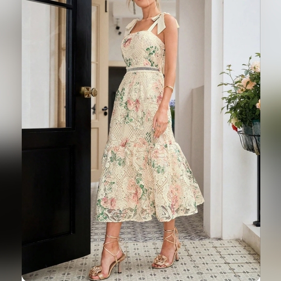 New Floral Lace Net Midi Cami Dress Cream Ivory Pink Green - Picture 2 of 8